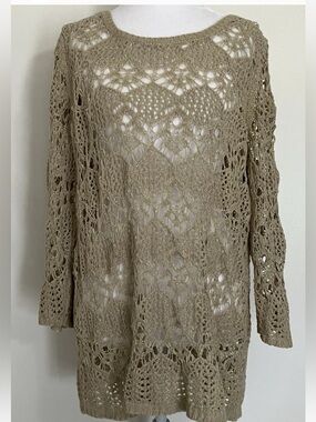 Crocheted Sweater Large Beige Open Weave  Long Festival Boho Coquette Grandma